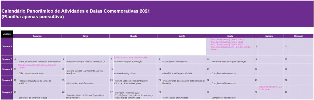 calendário de comunicação interna e endomarketing 2021